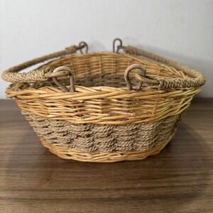 Vintage 1960's Boho Wicker‎ Rattan Folding Handles Hand Woven Basket 11x10"